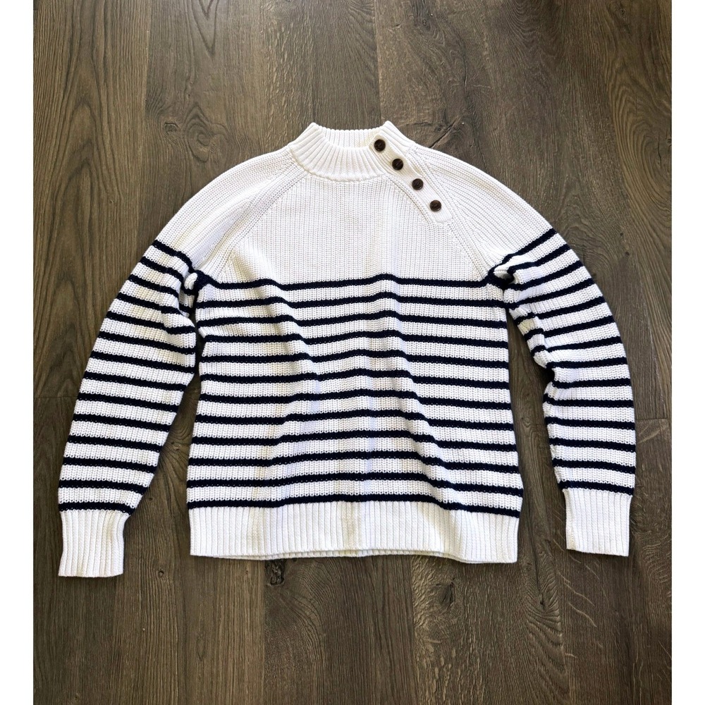 J.Crew BJ306 Striped Button-Shoulder Sweater Small White Navy Cotton NWOT